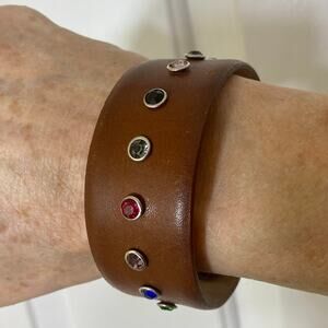 Upcycled crystal leather cuff bracelet, glove tanned leather fashion jewelry